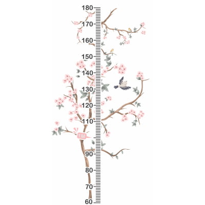 Régua do Crescimento Infantil Árvore Rosa Floral Pássarinhos - RG407